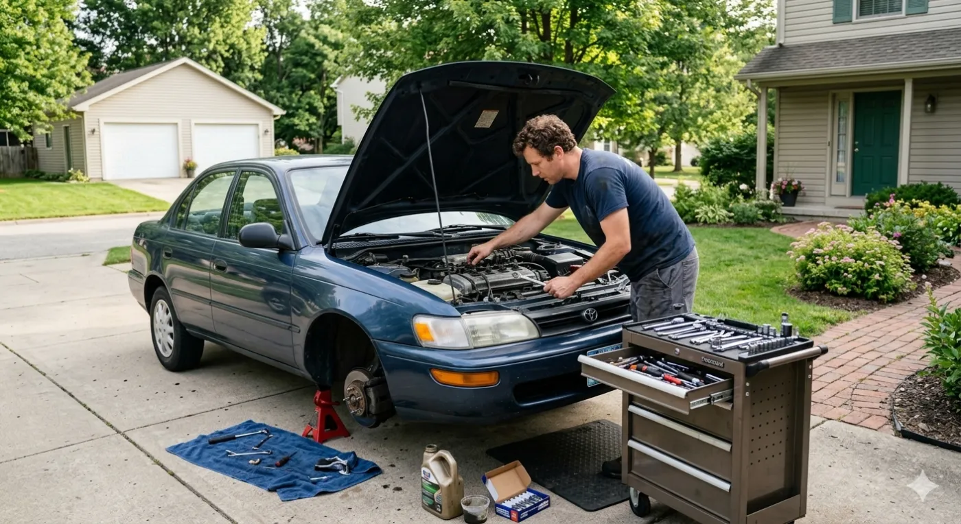 Mechanic working under the hood of a blue sedan in a home driveway