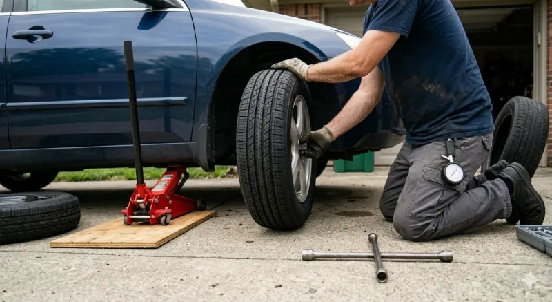 Mechanic mounting a wheel on a car in a home driveway